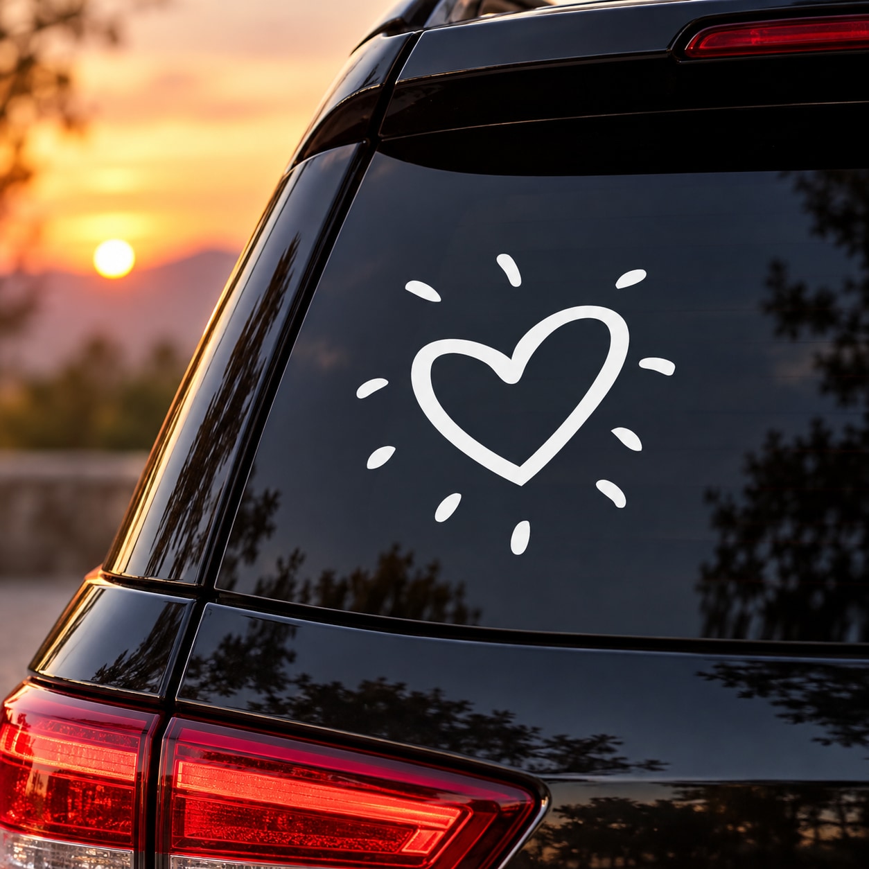 Valentine heart car window decal with outline heart and sparkles, white on dark glass