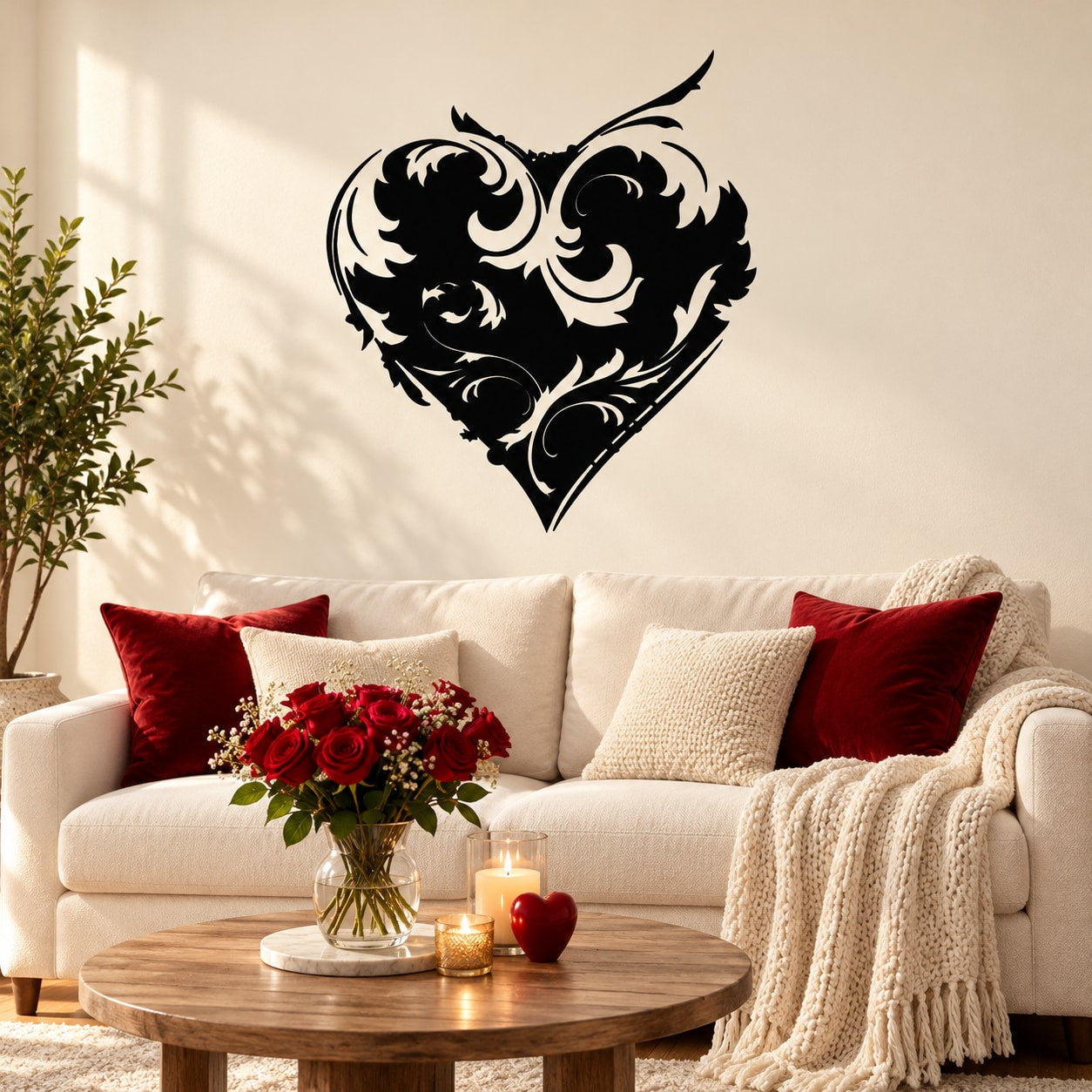 Ornate heart wall decal with black swirling filigree design