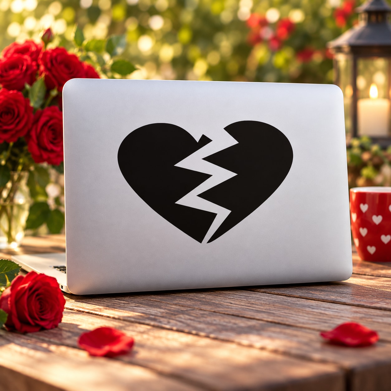 Black broken-heart decal with jagged crack design on white laptop lid