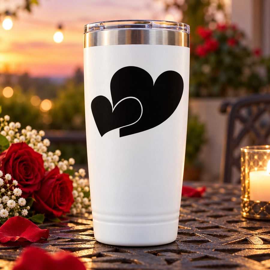Double hearts Valentine’s decal on white tumbler, black heart outlines