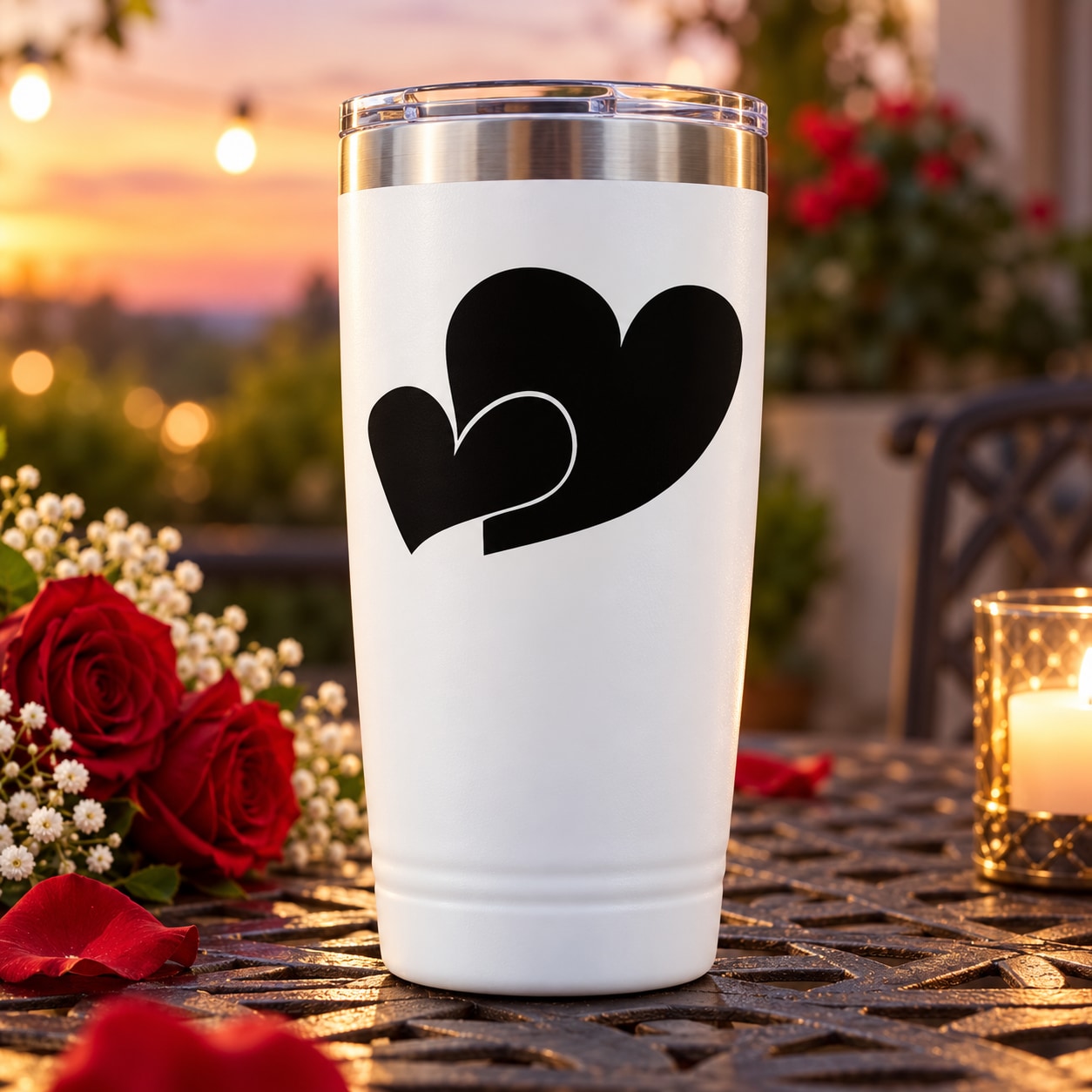 Double hearts Valentine’s decal on white tumbler, black heart outlines