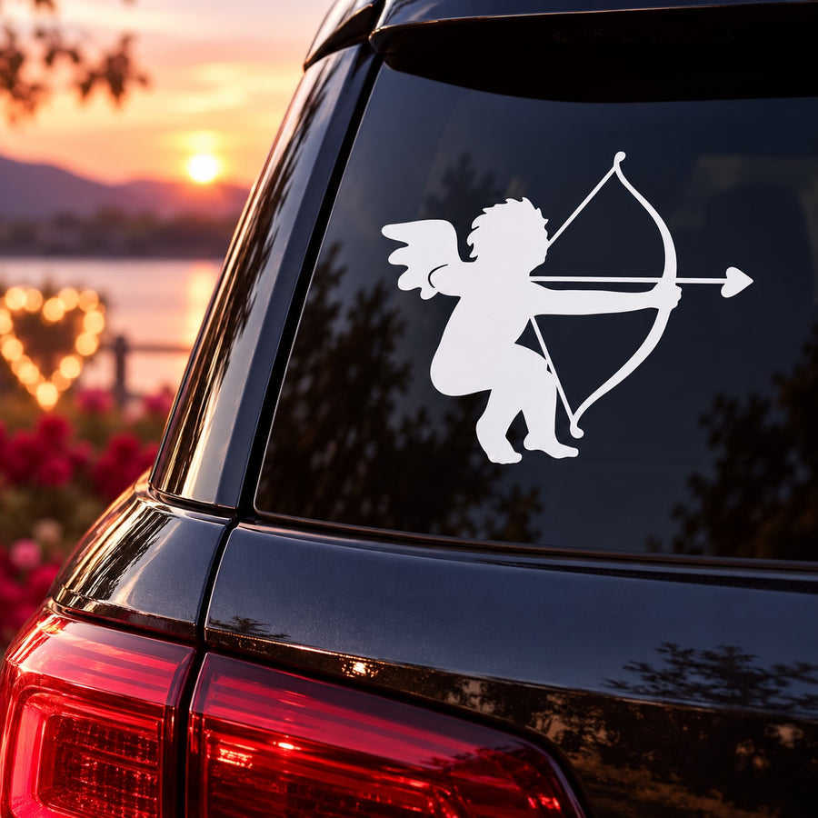 Cupid sitting with bow and arrow vinyl decal on a car window
