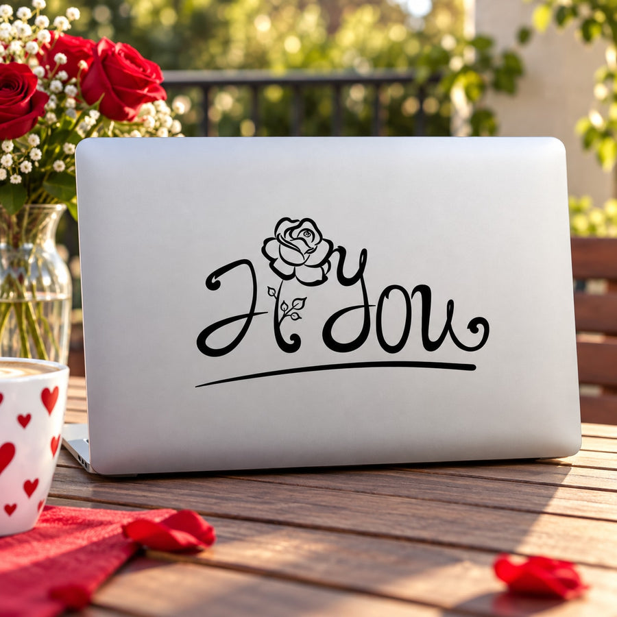 Valentine flower decal with rose above the word “I Love You” in black script
