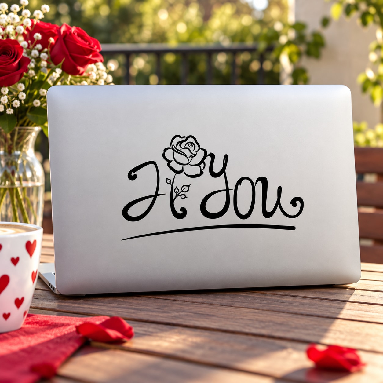 Valentine flower decal with rose above the word “I Love You” in black script