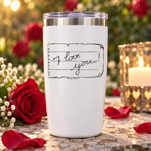 Valentine decal on white tumbler: boxed “I love you!” black script
