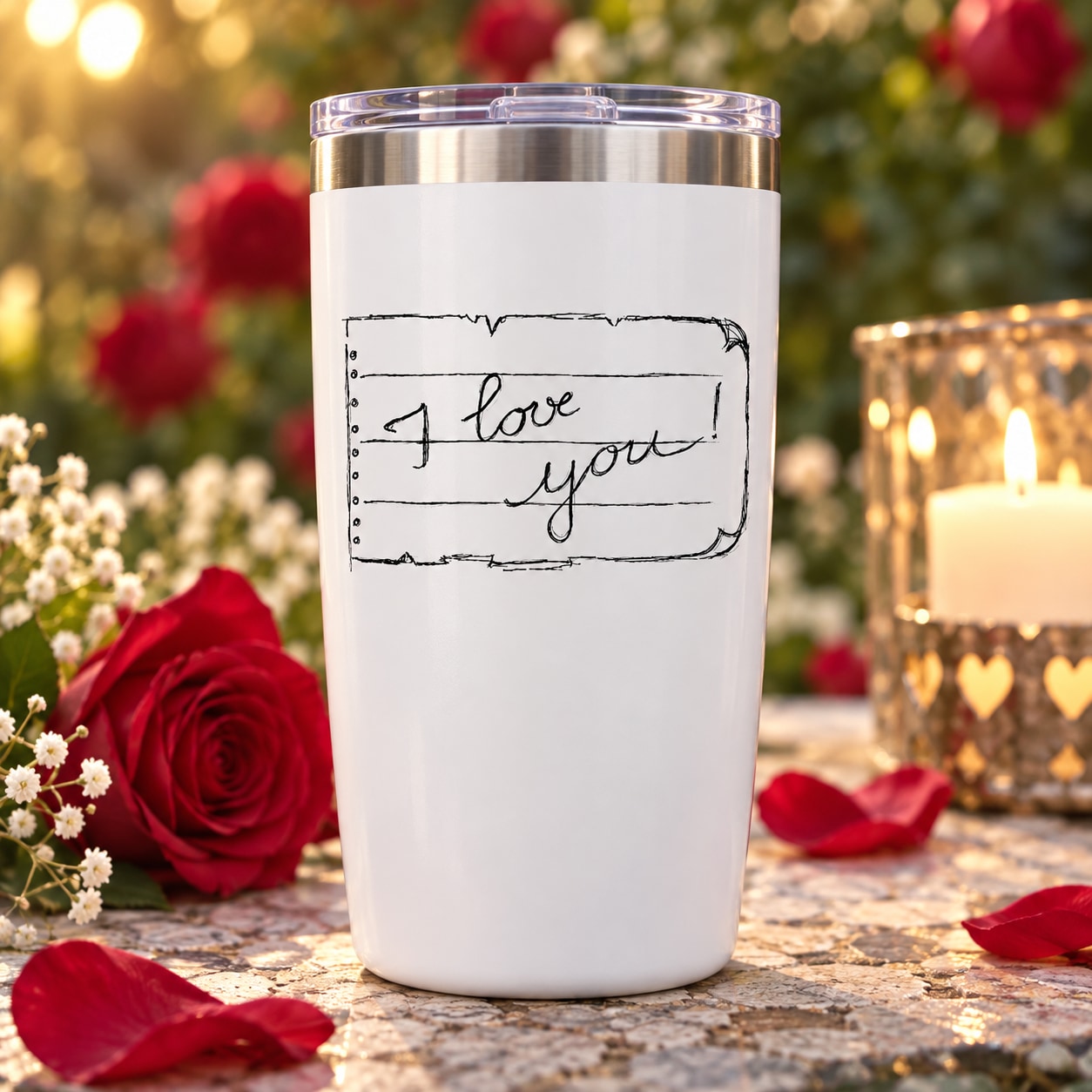 Valentine decal on white tumbler: boxed “I love you!” black script