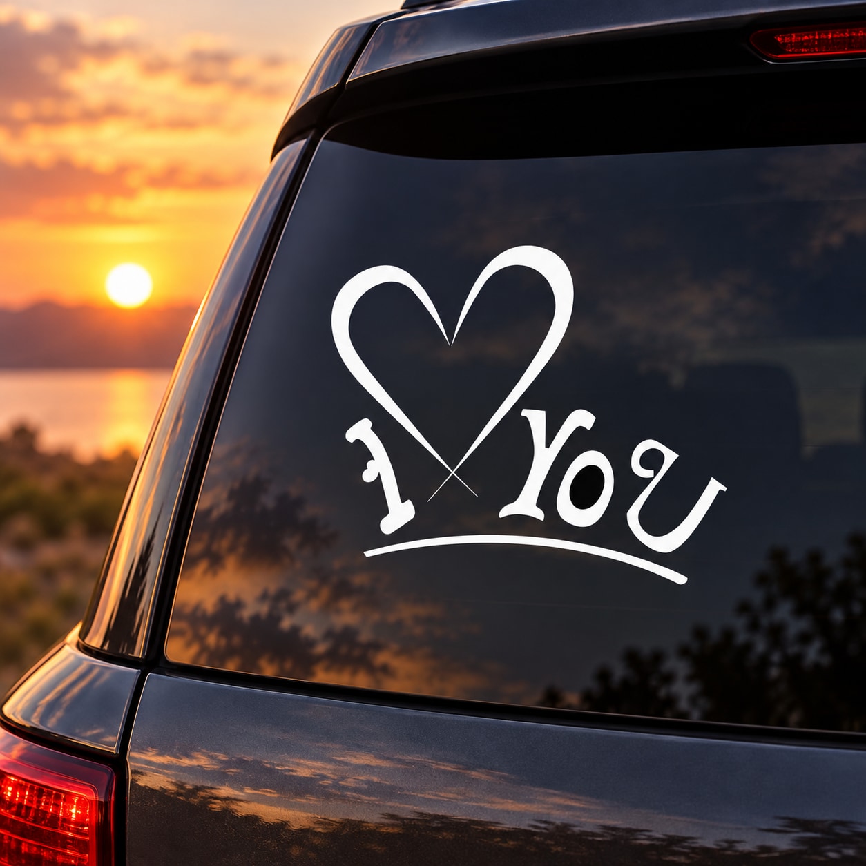 Heart and 'I love you' car decal in white script on dark glass