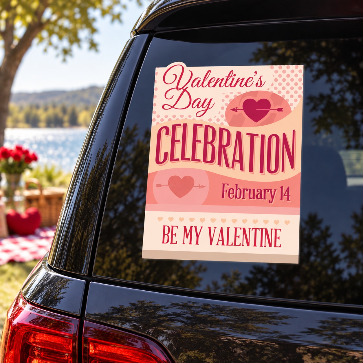 Pink square Valentine's Day sticker with hearts and 'Be My Valentine' text