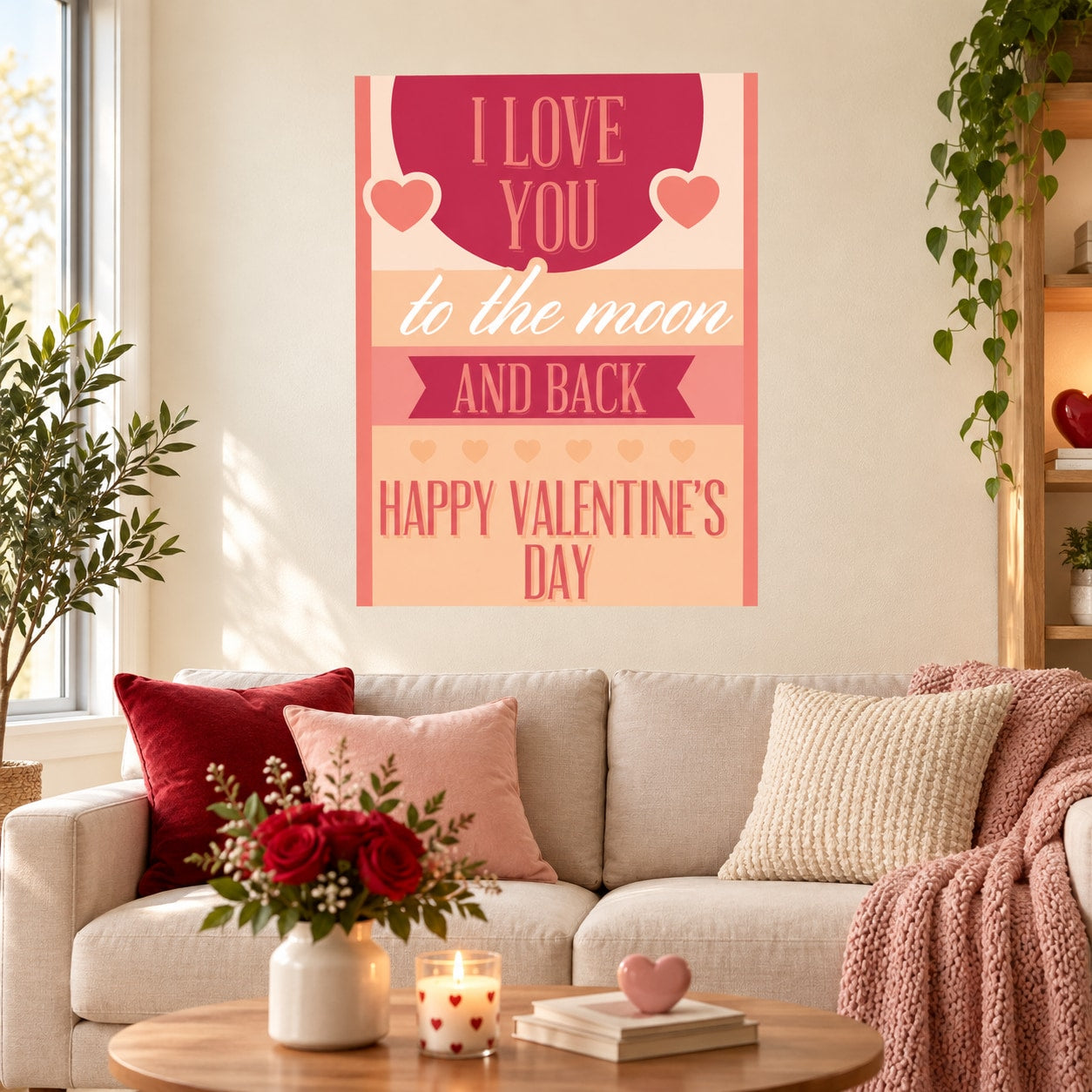 Valentine wall sticker with red hearts and moon-and-back quote
