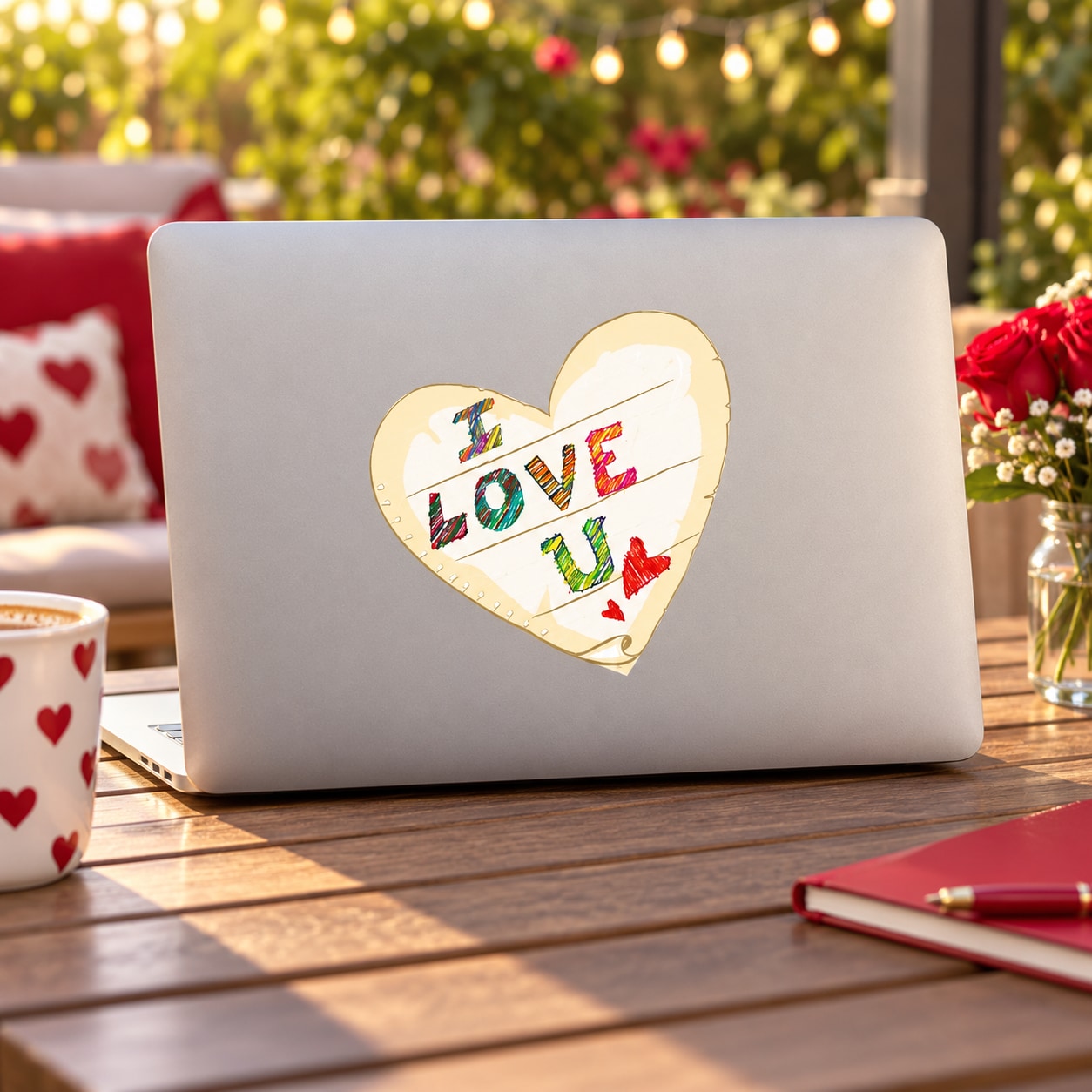 Kids Valentine note sticker with gold heart showing I LOVE U text