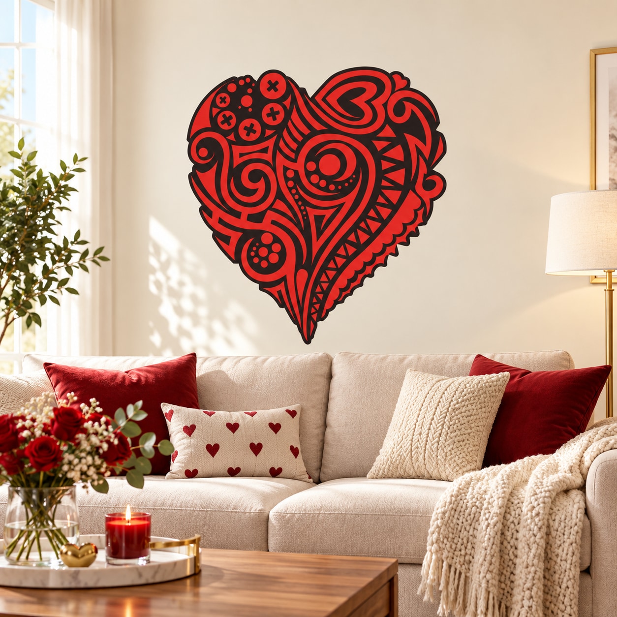 Heart-shaped abstract pattern Valentine's sticker in red and black on wall