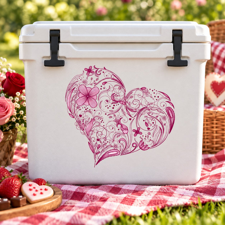 Pink flower vine heart sticker with floral swirls and butterflies on white