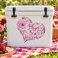 Pink flower vine heart sticker with floral swirls and butterflies on white