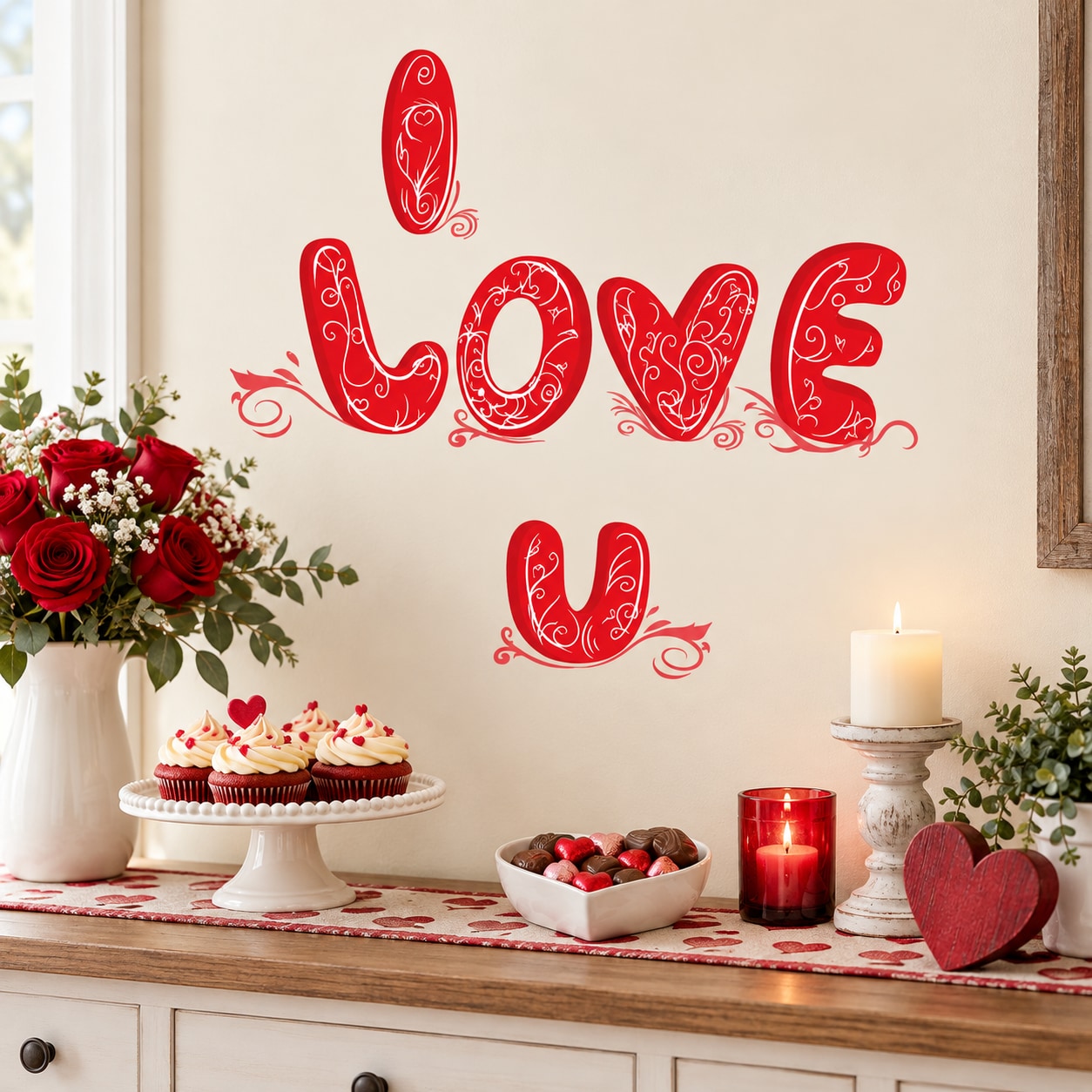 Round balloon-style Valentine's sticker with red 'I LOVE YOU' lettering and heart