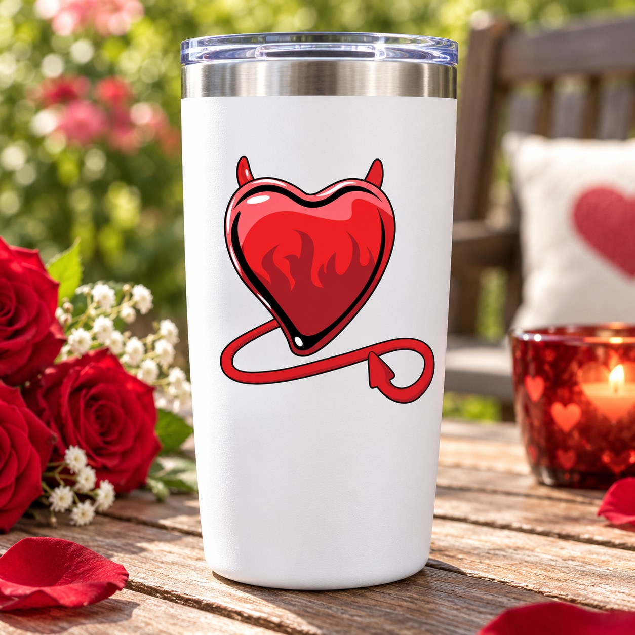 Devil heart sticker with red flame design on white tumbler