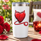 Devil heart sticker with red flame design on white tumbler
