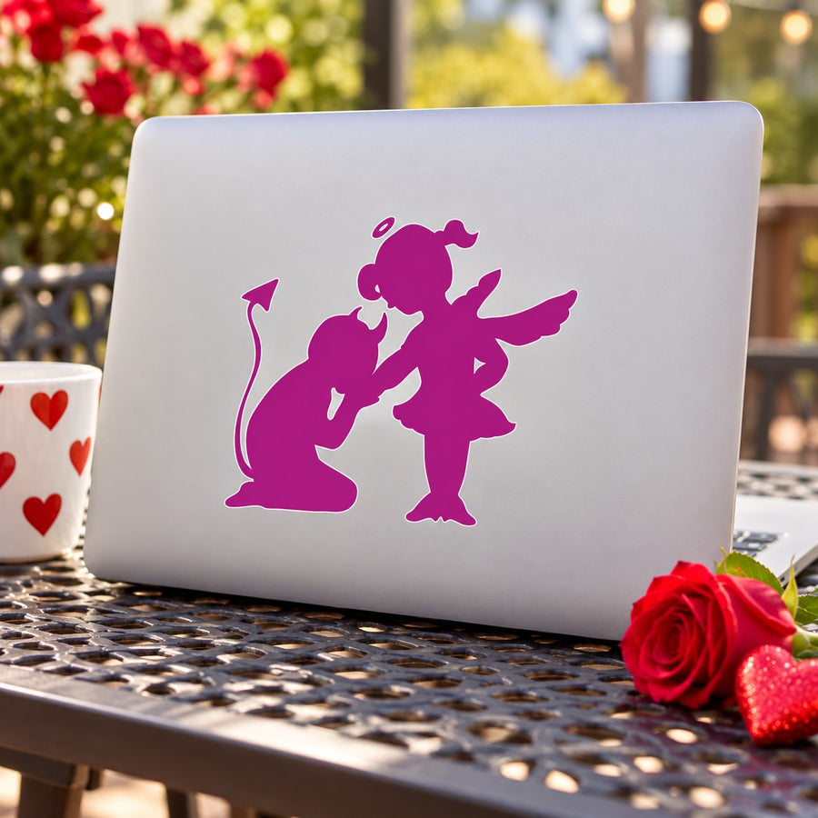 Valentine sticker with purple cartoon character silhouettes and heart accents