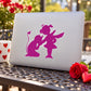 Valentine sticker with purple cartoon character silhouettes and heart accents