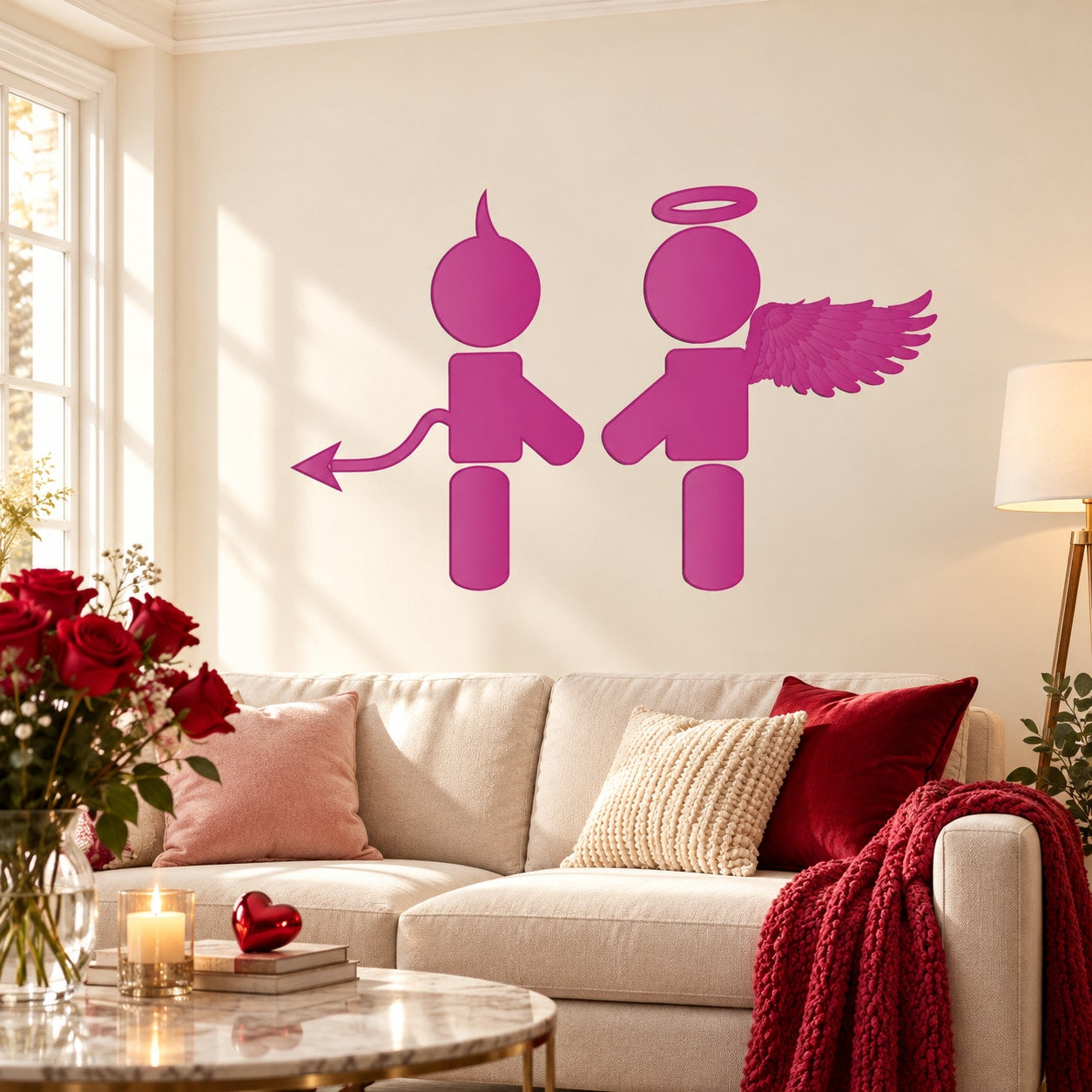Valentine's Day wall decal with two pink cupid figures, one with bow and one with wings