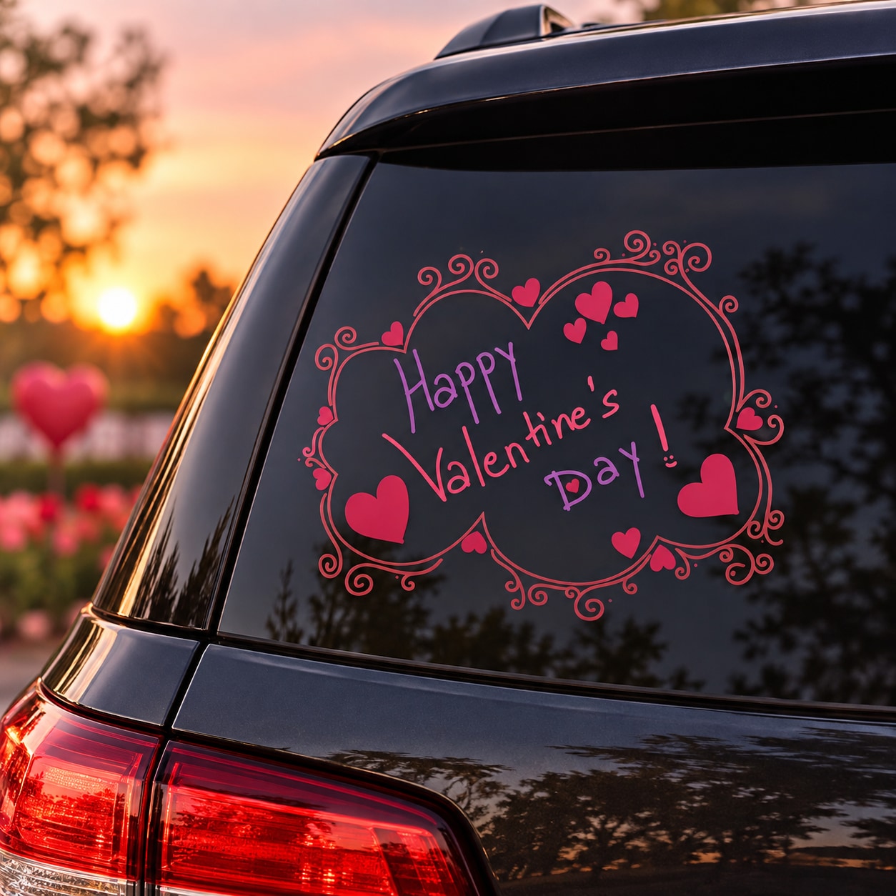 Valentine frame decal with Happy Valentines Day text, hearts and swirl border