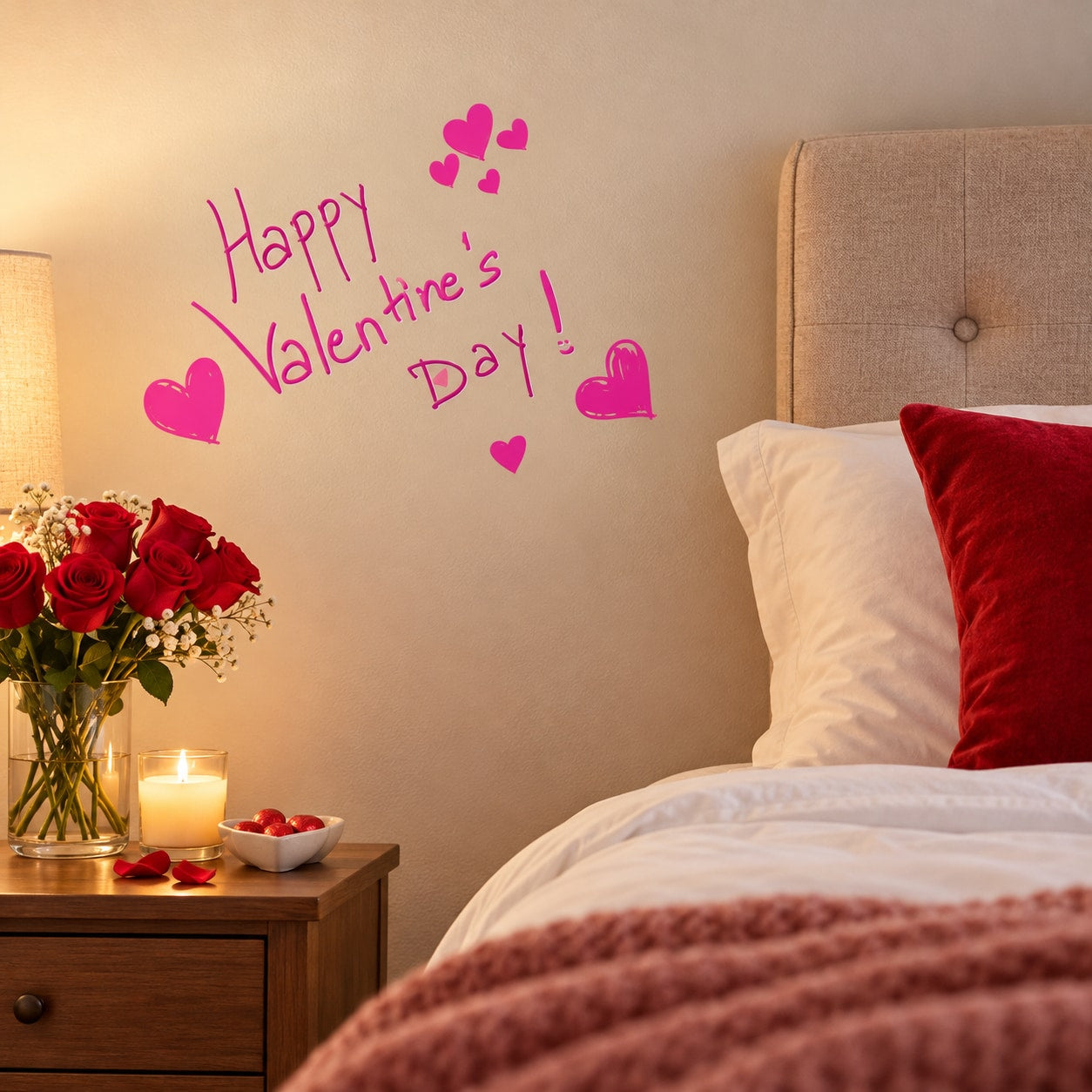 Valentine's Day wall decal with “Happy Valentine’s Day” text and pink bubbling hearts