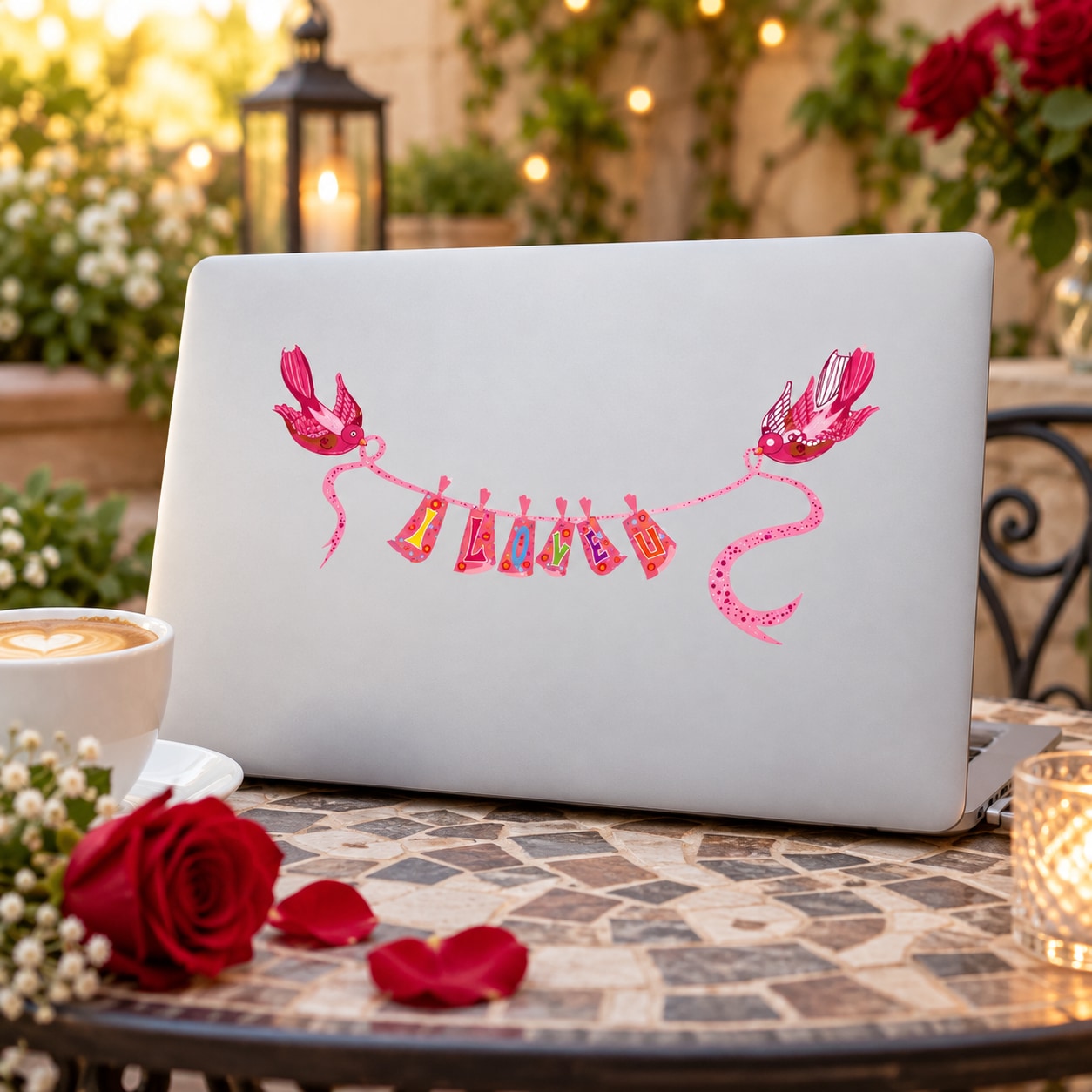 Valentine's Day birds ribbon banner sticker with two pink birds and hanging ribbon