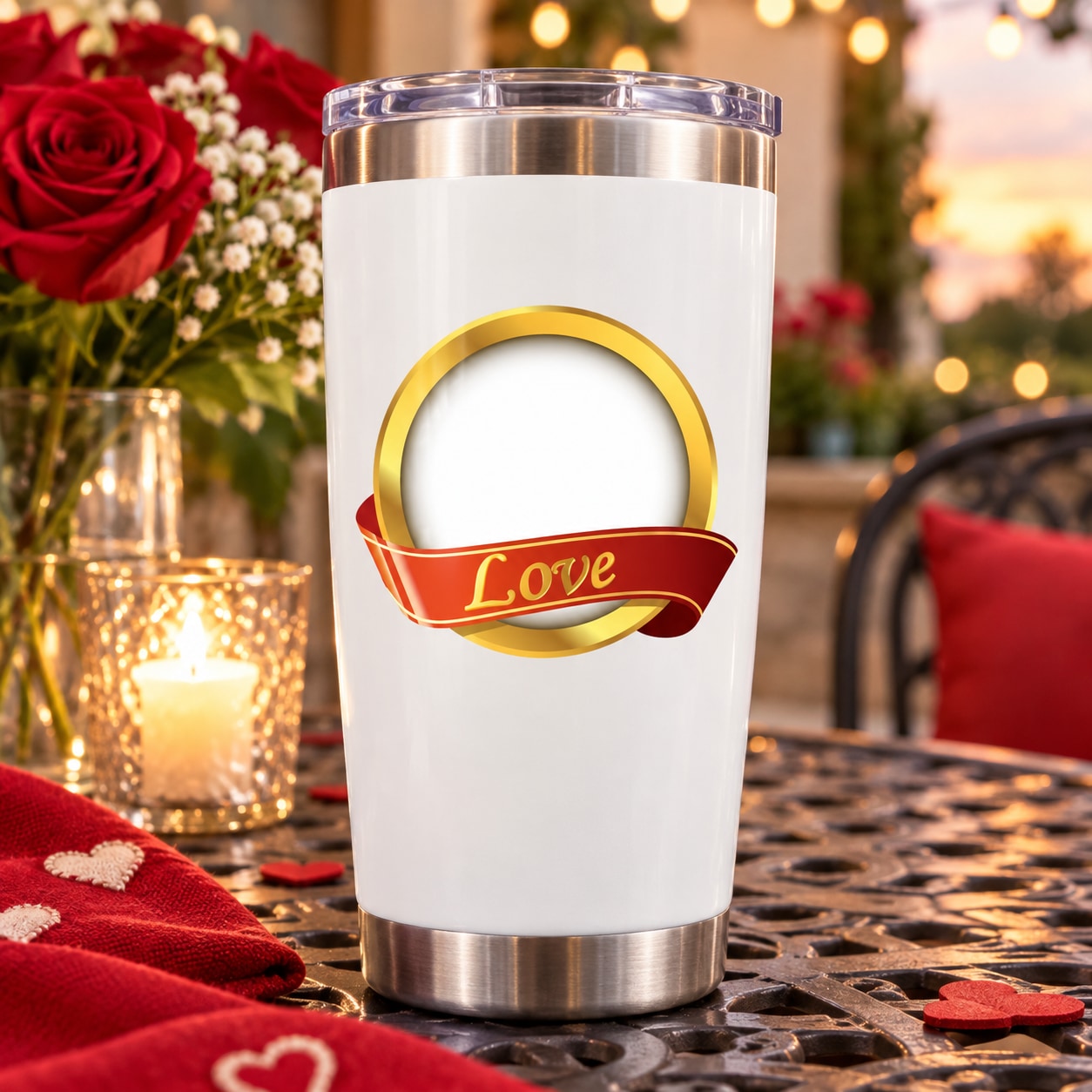 Stainless steel tumbler with gold ring and Love ribbon banner sticker
