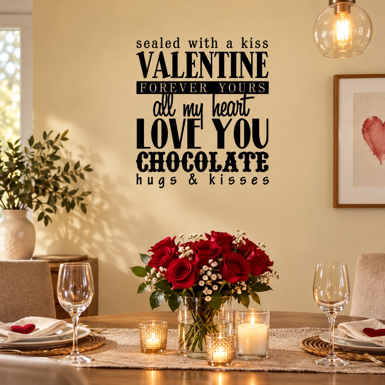 Valentine vinyl wall decal text: “sealed with a kiss”, “forever yours”, hearts
