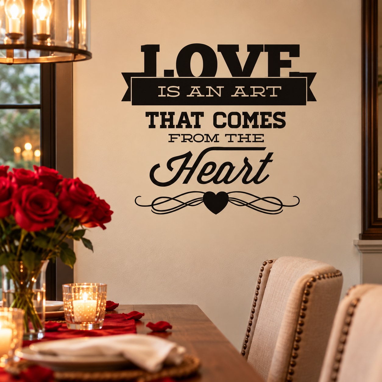 Valentine's Day wall decal with bold LOVE text and black heart script
