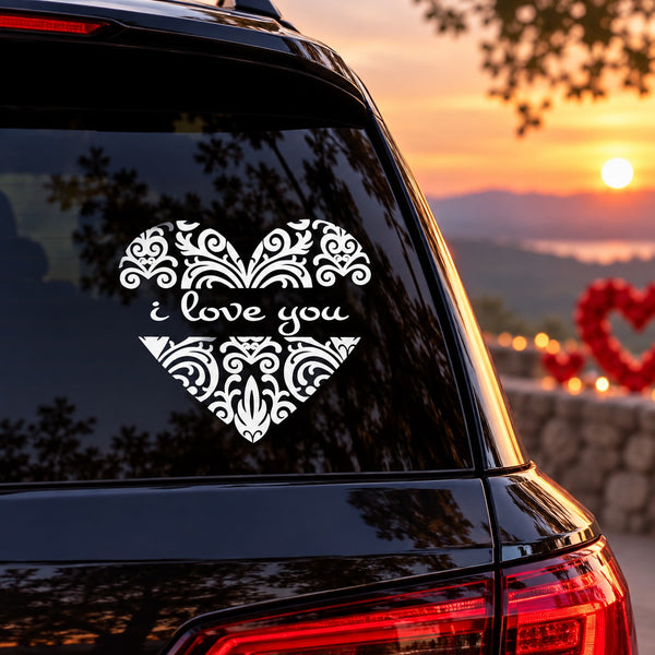 White ornate heart frame car decal with “I love you” lettering