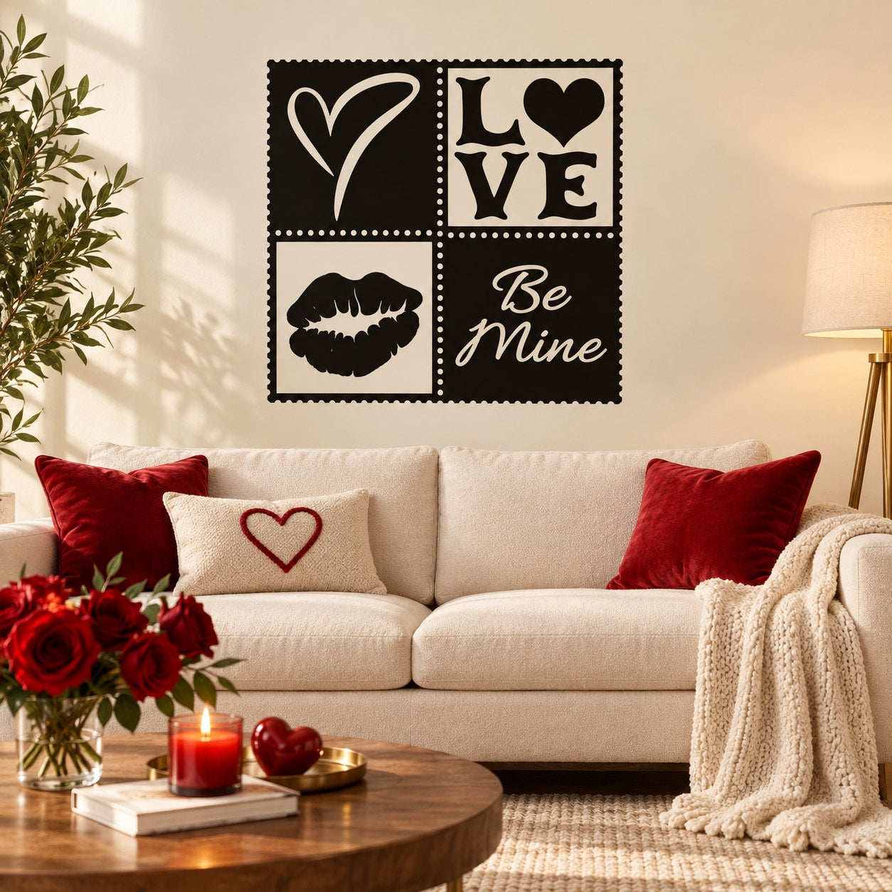 Valentine's Day square decal with LOVE, Be Mine, heart outline, and lips icon