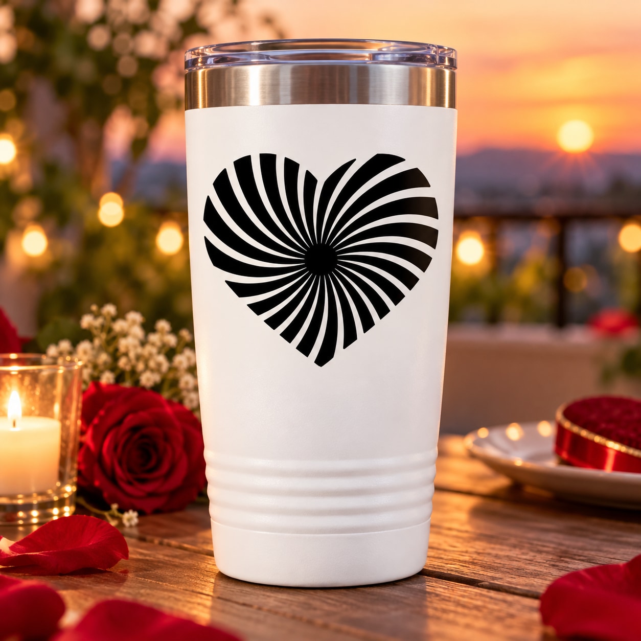 Valentine's swirl heart tumbler with stainless lid, white body, black heart swirl logo