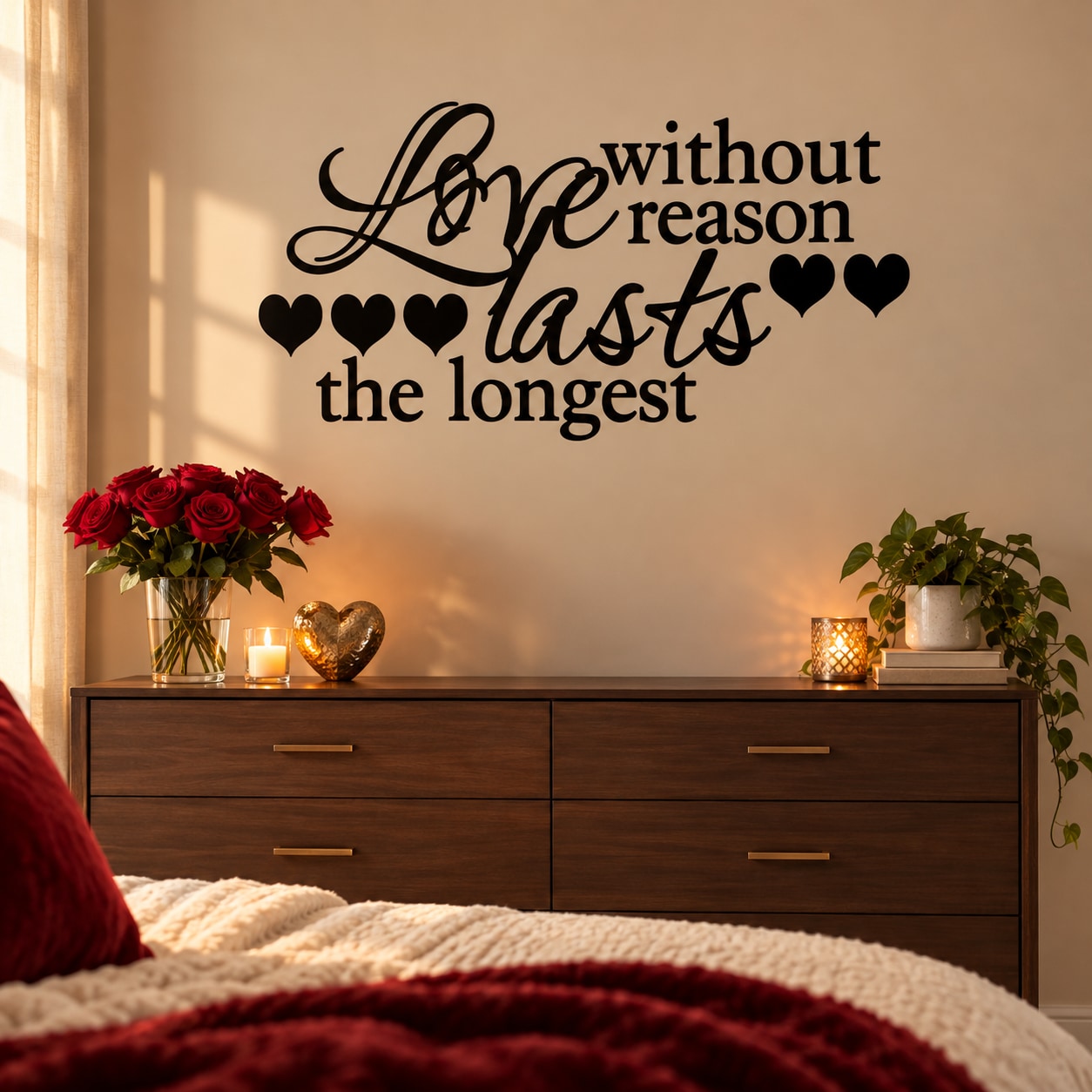 Valentine wall decal with script "Love without reason lasts the longest" and heart accents