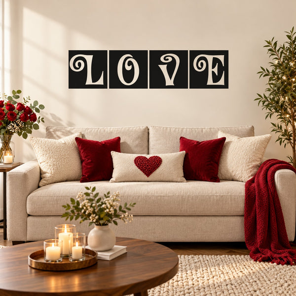 Black tile-frame love decal with ornate white letters for Valentine's decor