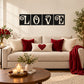 Black tile-frame love decal with ornate white letters for Valentine's decor