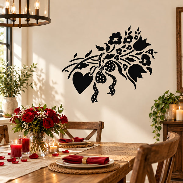 Floral bouquet ribbon wall decal in black with stylized leaves and flowers