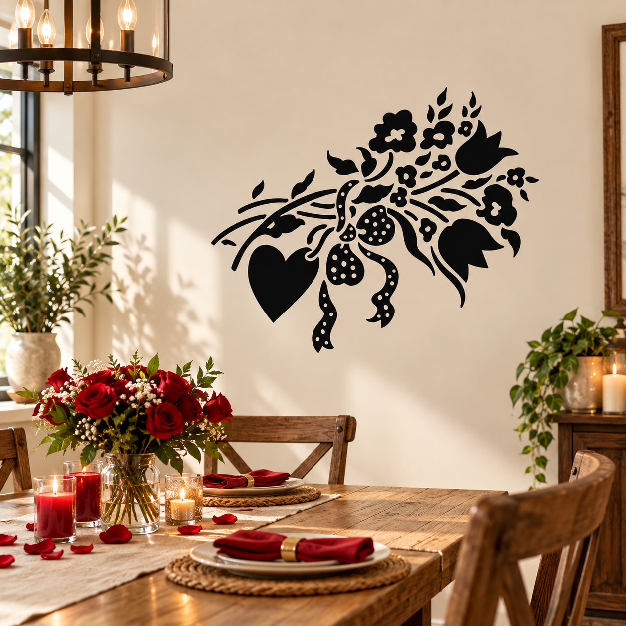 Floral bouquet ribbon wall decal in black with stylized leaves and flowers