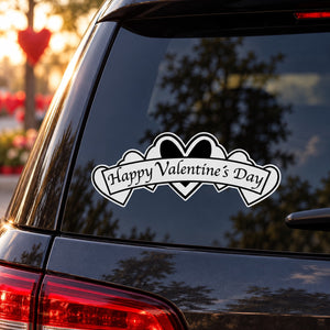 Happy Valentine's Day hearts decal on car window: heart-outline banner text