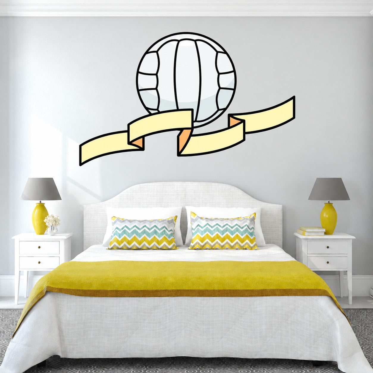Volleyball wall decal sticker with outlined ball and ribbon banner