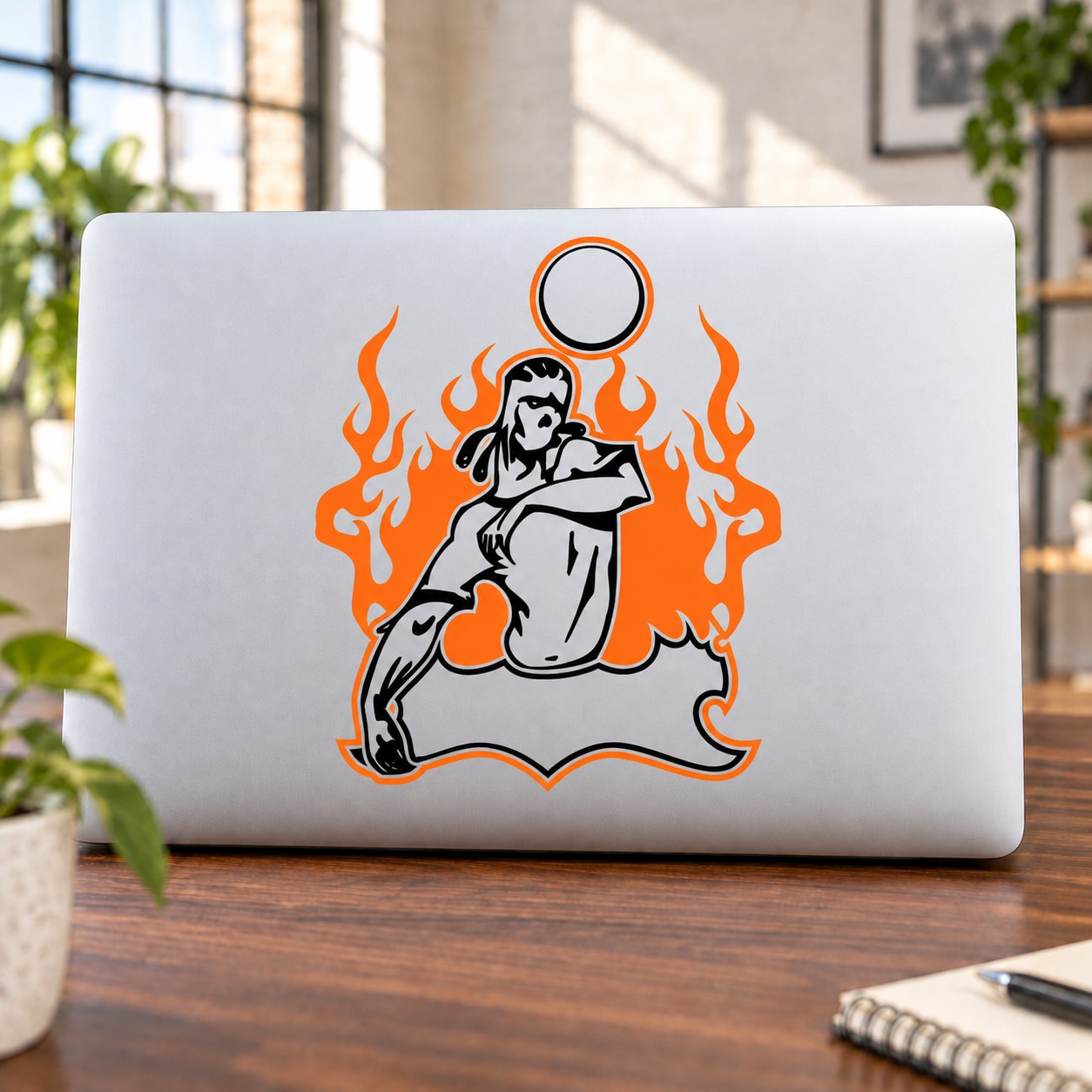 Flame-themed sports mascot vinyl decal sticker with basketball and orange flames