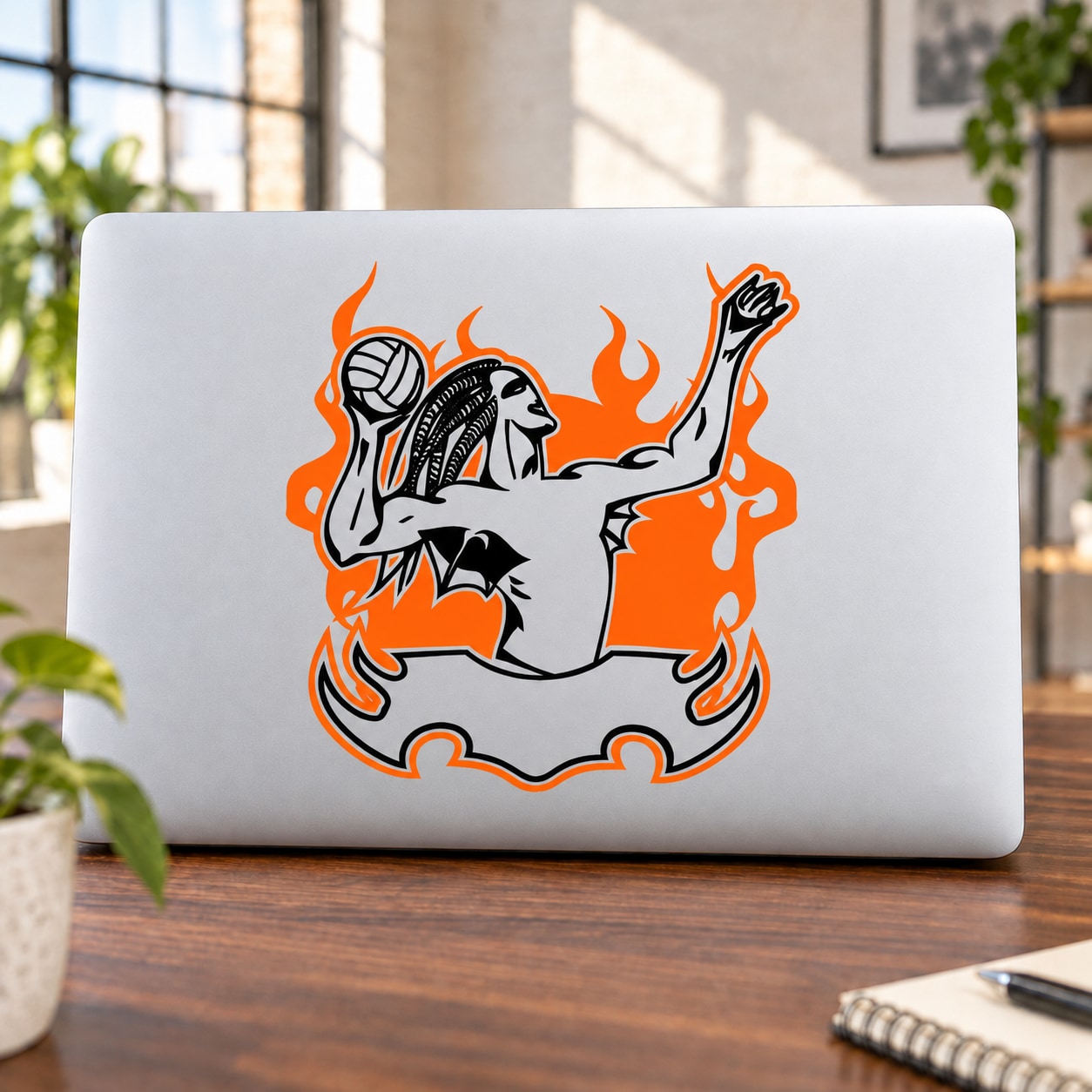 Volleyball vinyl sticker decal with orange and black player silhouette and volleyball graphic
