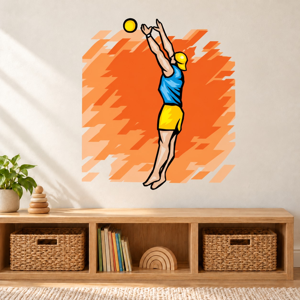 Volleyball wall decal: cartoon player jumping to spike a yellow ball, orange burst behind