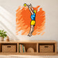 Volleyball wall decal: cartoon player jumping to spike a yellow ball, orange burst behind