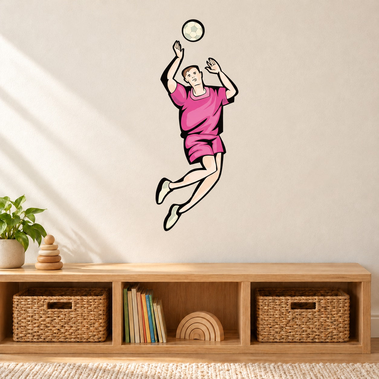 Pink volleyball player wall decal sticker, jumping with ball