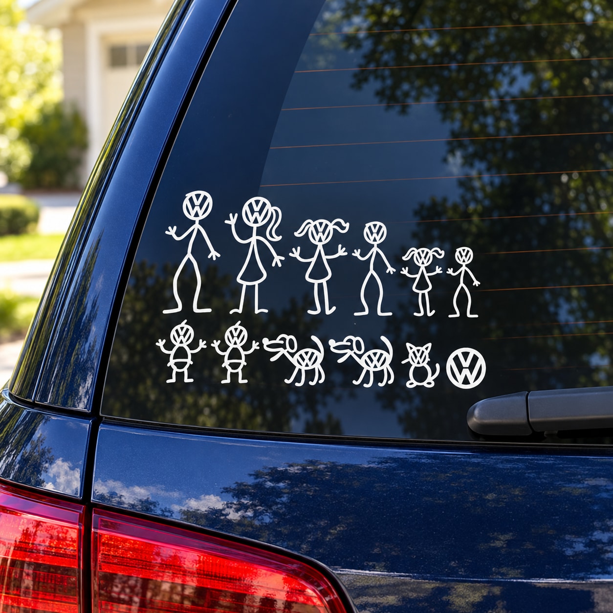 VW family and pets kit decal with white outline figures and VW logos on car window