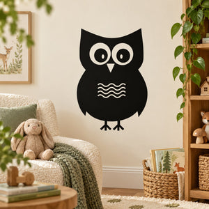 Black owl wall decal with white eyes and wavy chest design