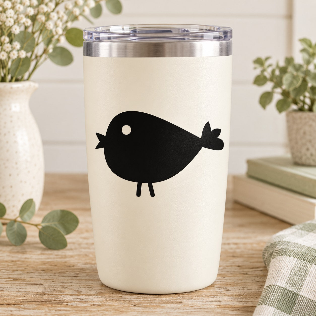 Baby chick decal on white tumbler, featuring a black chick with small wings and beak