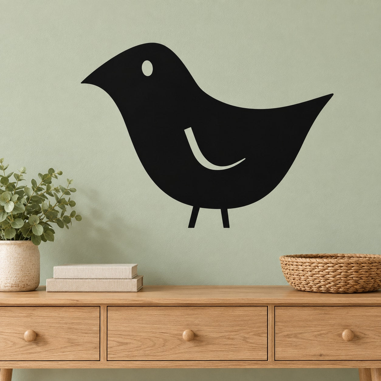 Black bird chick wall decal with white eye and curved beak