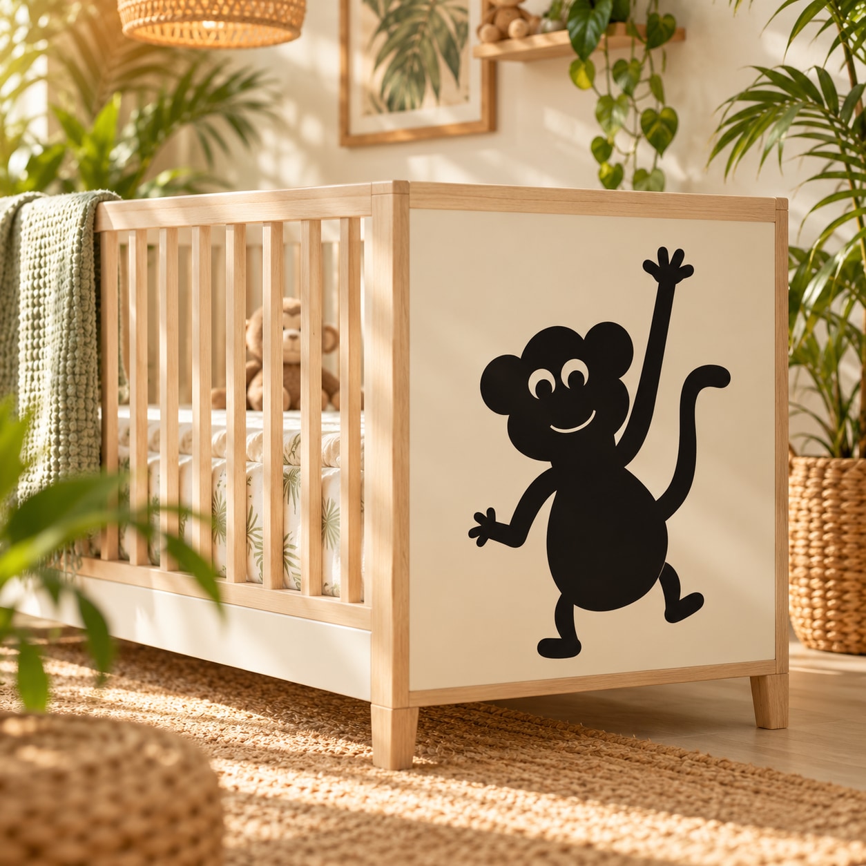 Waving monkey wall decal with black silhouette, raised hand and tail on tan panel