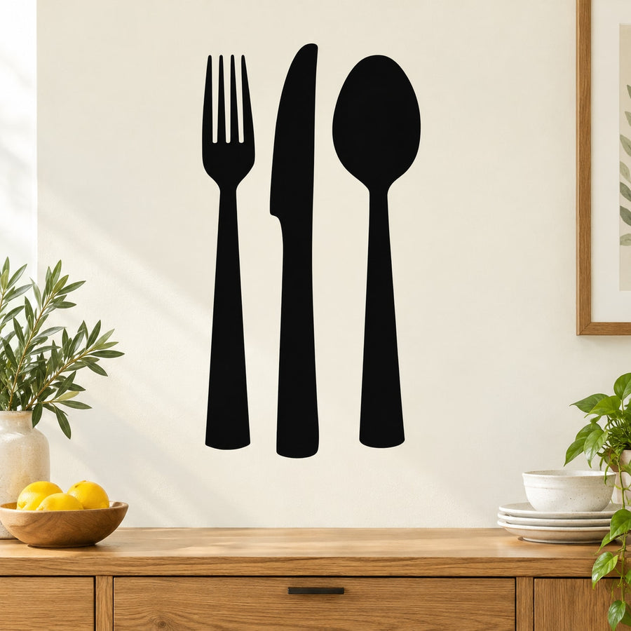 Black cutlery decal set: fork, knife, and spoon silhouettes